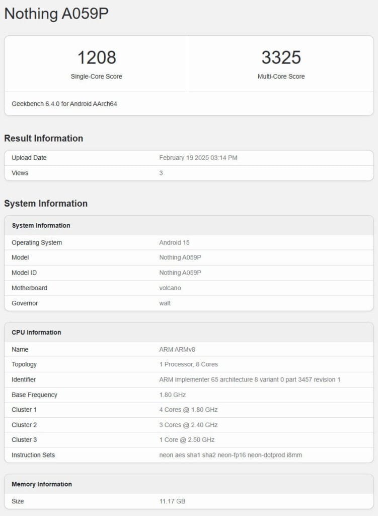Nothing Phone (3a) Pro Geekbench Benchmark: